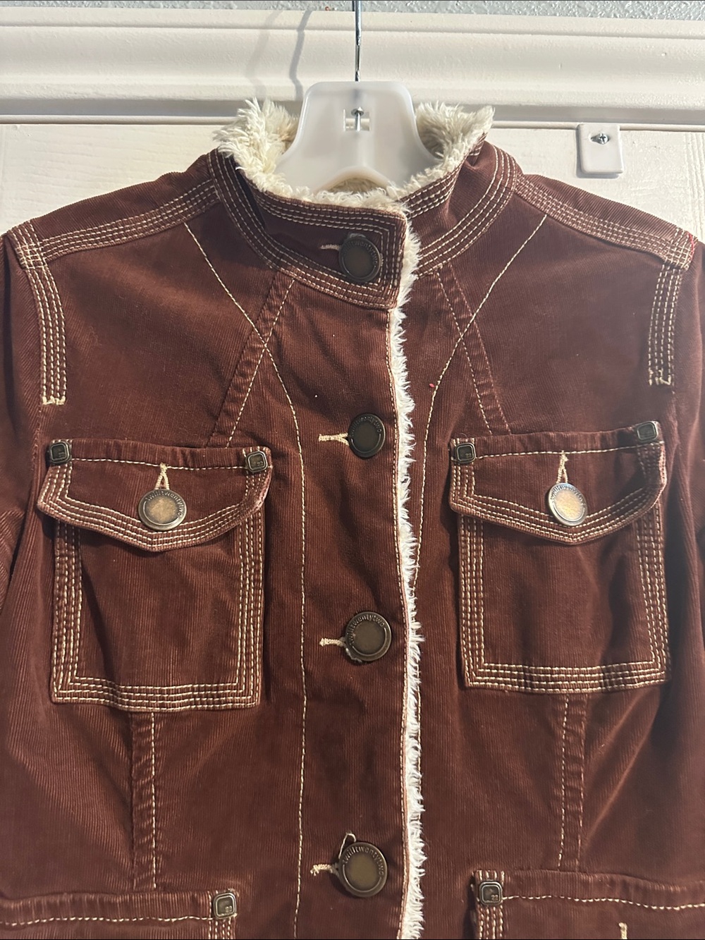 Y2K 2000s Twill Twenty Two Utility Corduroy Jacket Chocolate Brown Sherpa Small - Picture 3 of 11